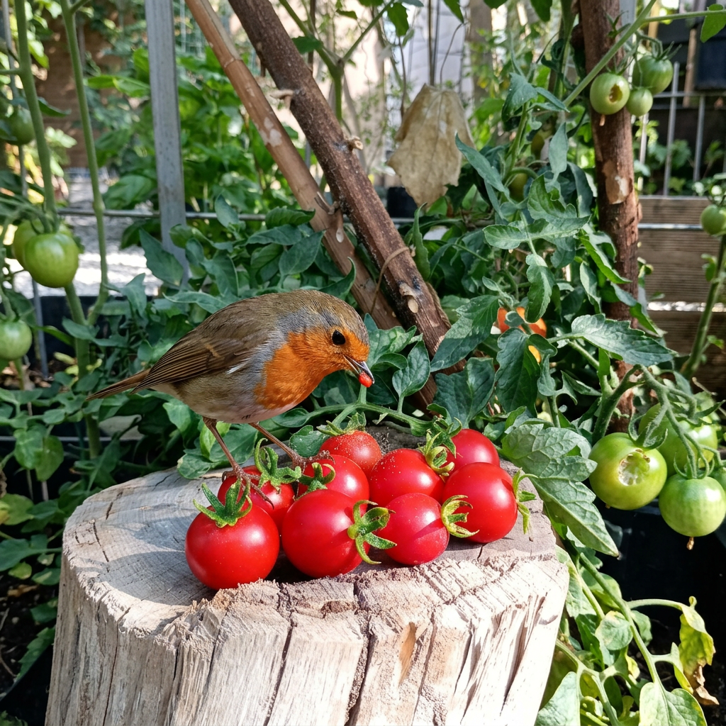 Add a robin bird to the scene with the tomatoes, creating a natural interac_20260627_124205_0000
