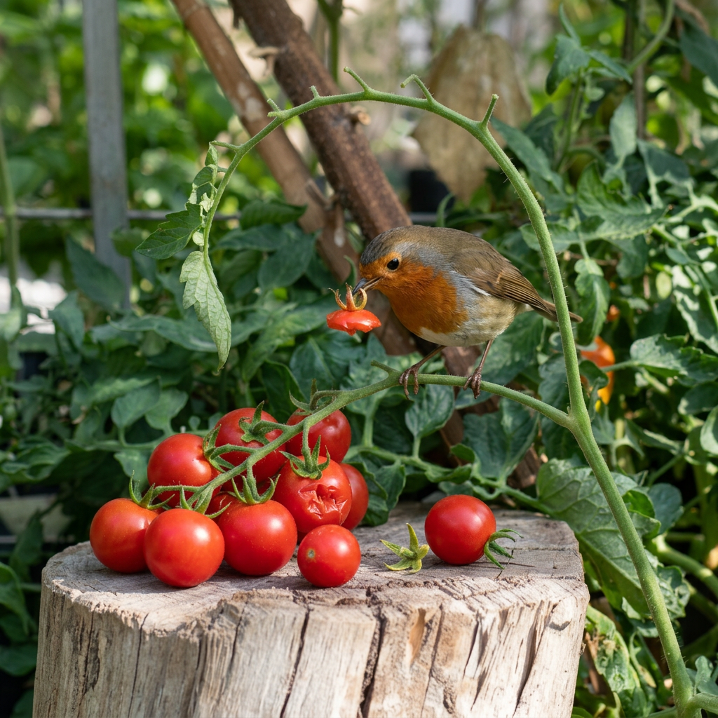 Add a robin bird to the scene with the tomatoes, creating a natural interac_20260627_124227_0000