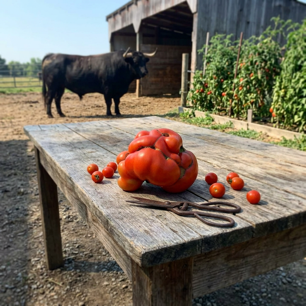 Add the giant tomato onto a wooden table with a bull animal in the scene, d_20260627_164542_0000