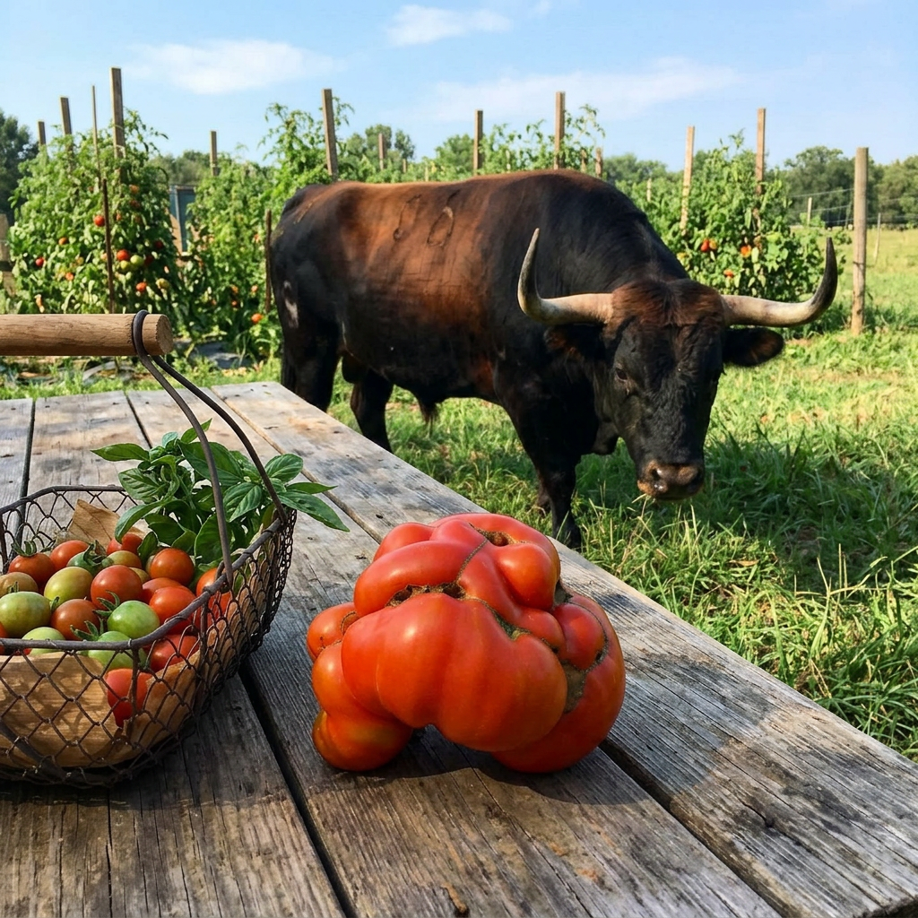 Add the giant tomato onto a wooden table with a bull animal in the scene, t_20260627_164555_0000