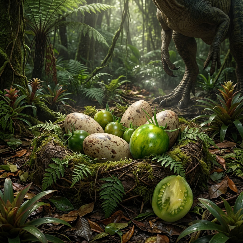 Add the green striped tomato to a dinosaur nest in jungle setting_20260617_122650_0000