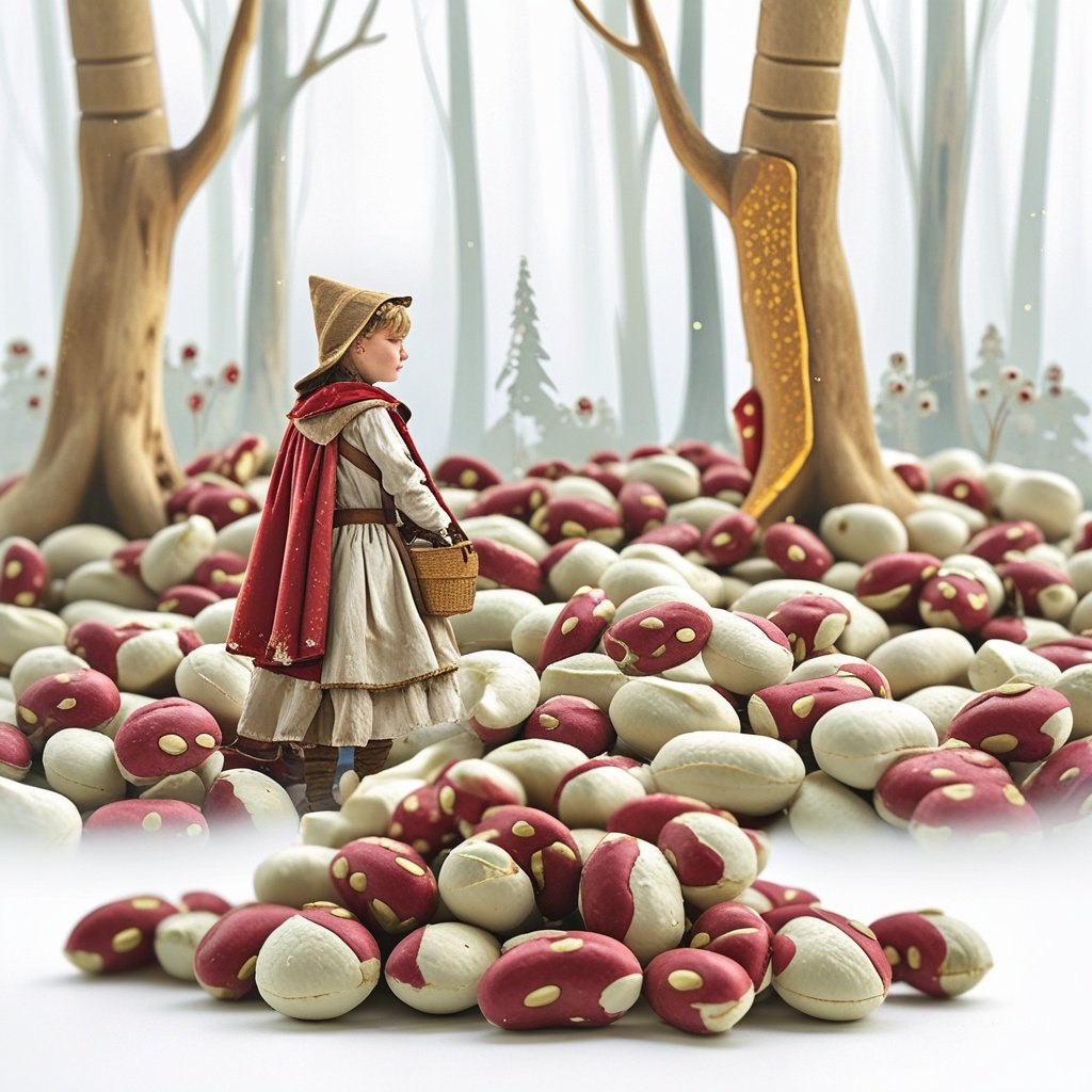 Classic forest scene with Little Red Riding Hood, featuring beans on a wood_20260803_123709_0000