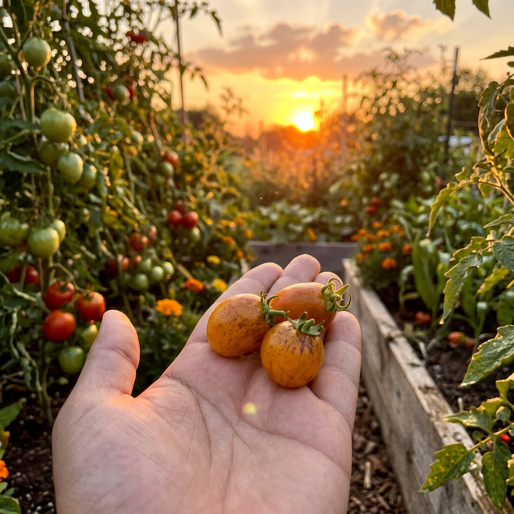 Place the elongated tomatoes in a golden hour real scene with warm sunset l_20260627_120725_0000