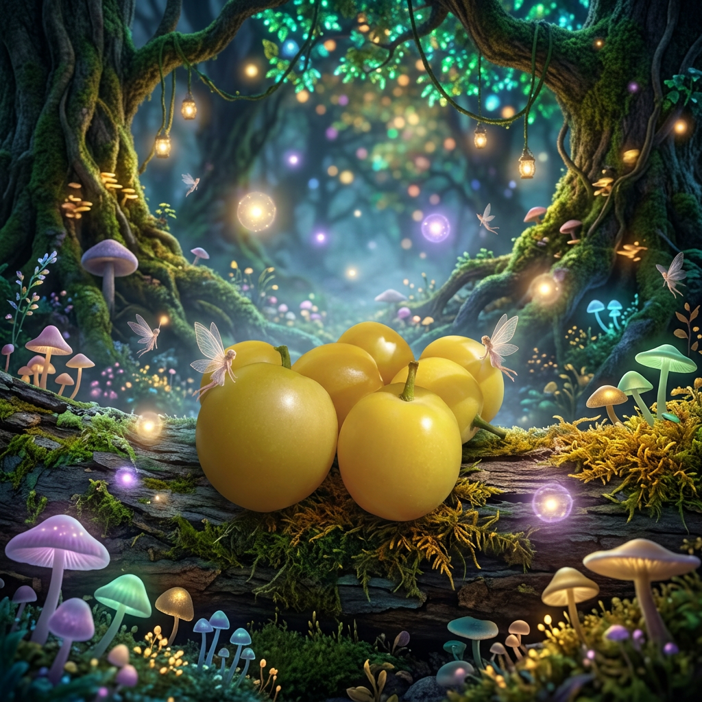 Place the yellow tomatoes in an enchanted fairy tale forest scene with magi_20260627_110529_0000